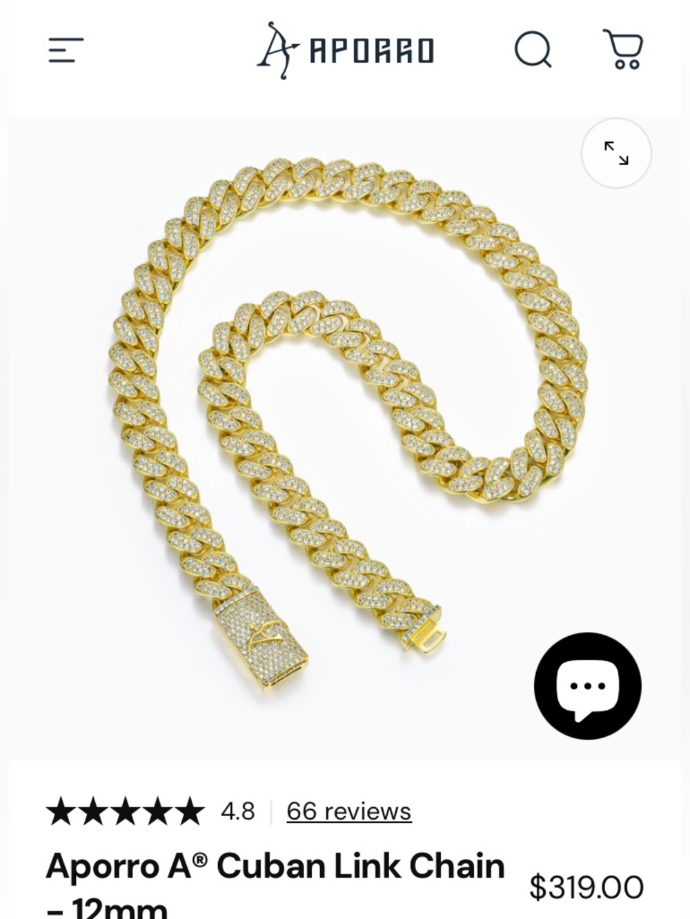 Aporro 14K Goldplated Brass Cuban Link w/ 321 CZ Stones, 16 in. Long, 12 mm Wide